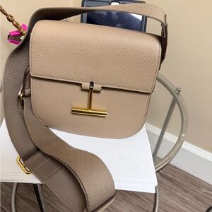 Tom Ford Taupe Pebbled Leather Crossbody with Gold-T Clasp